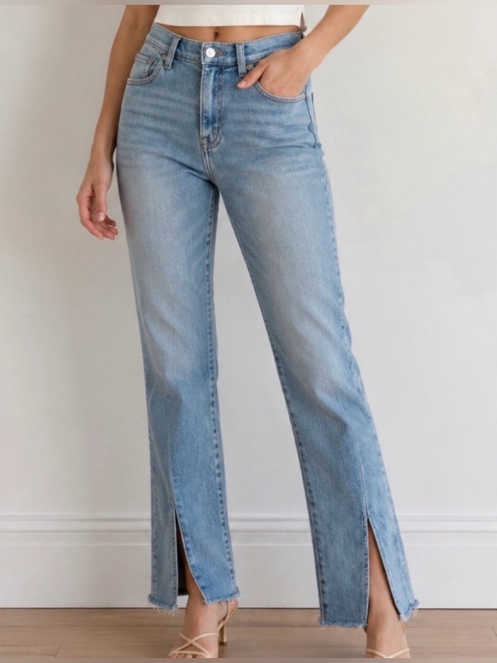 PISTOLA Colleen Slit Hem High Waist Slim Bootcut Jeans Light Blue Denim Size 26